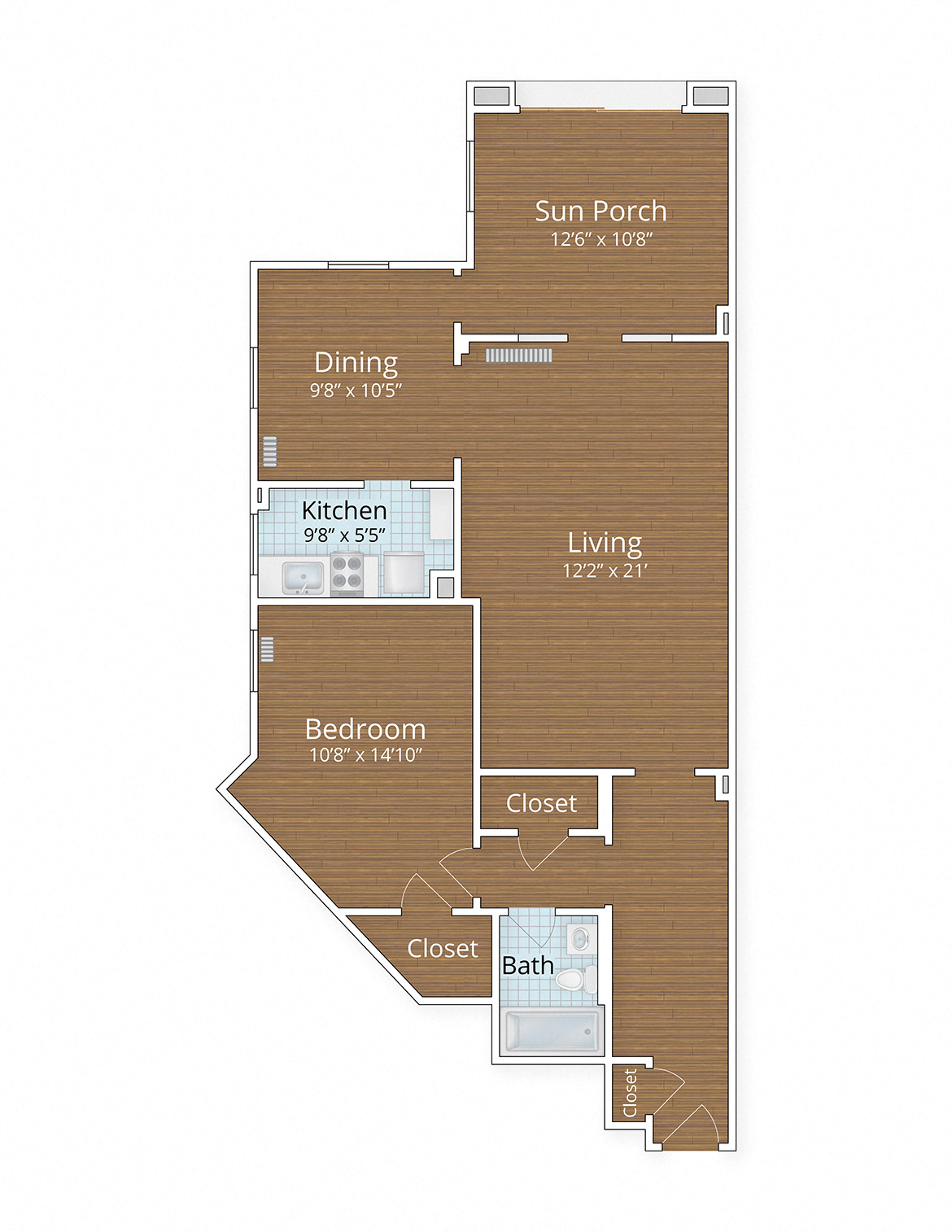 Floor plan for 1 bed, 1 bath, 802 sqft